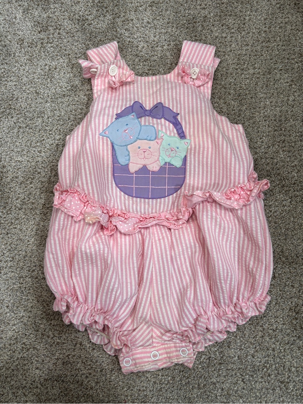 Vintage Embroidered Kitten Seersucker Pink Striped Basket Baby Romper Bubble 2T
